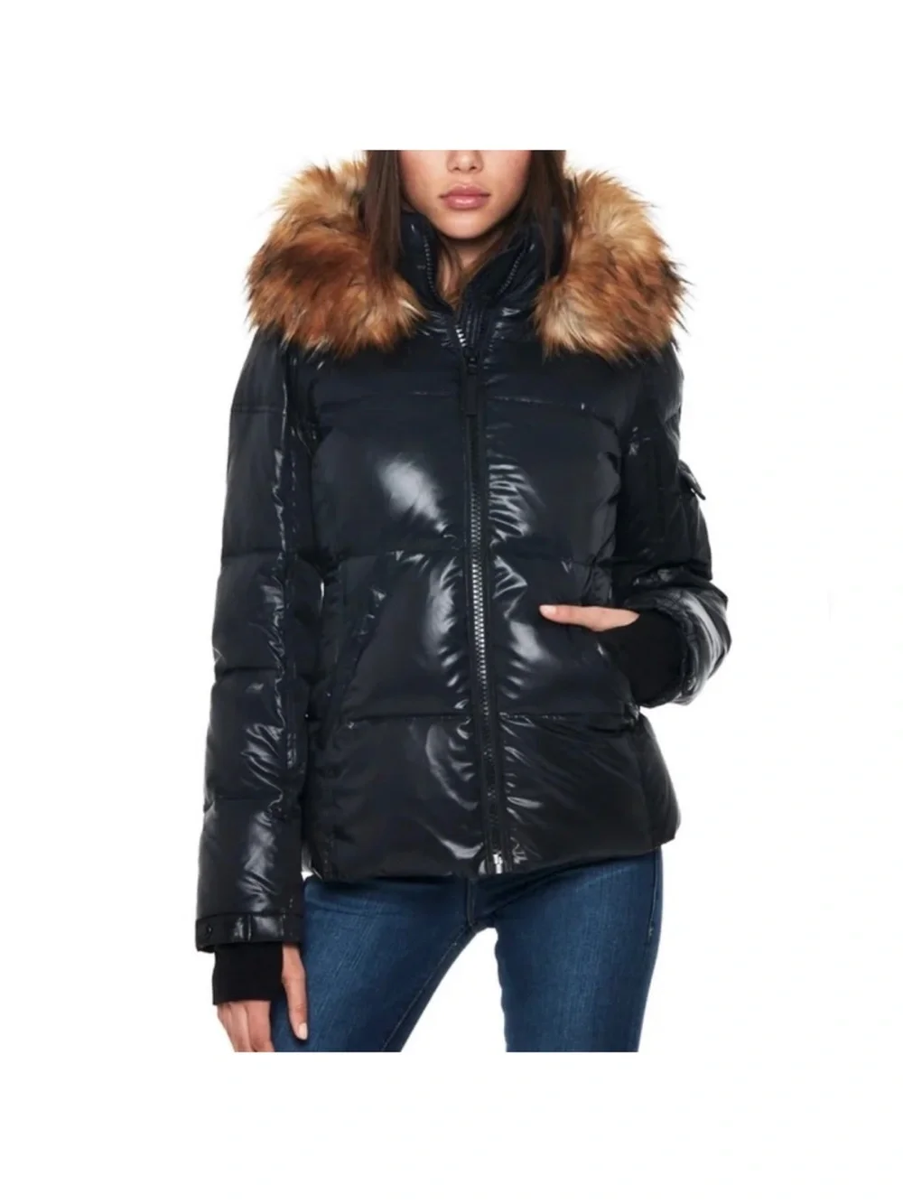 S13 Women’s Black Puffer Jacket coat with Faux Fur Trim hood size M